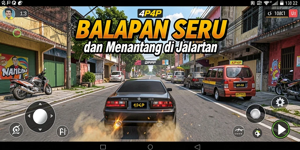 Tangkapan layar 4P4P menampilkan aksi balapan yang mendebarkan.