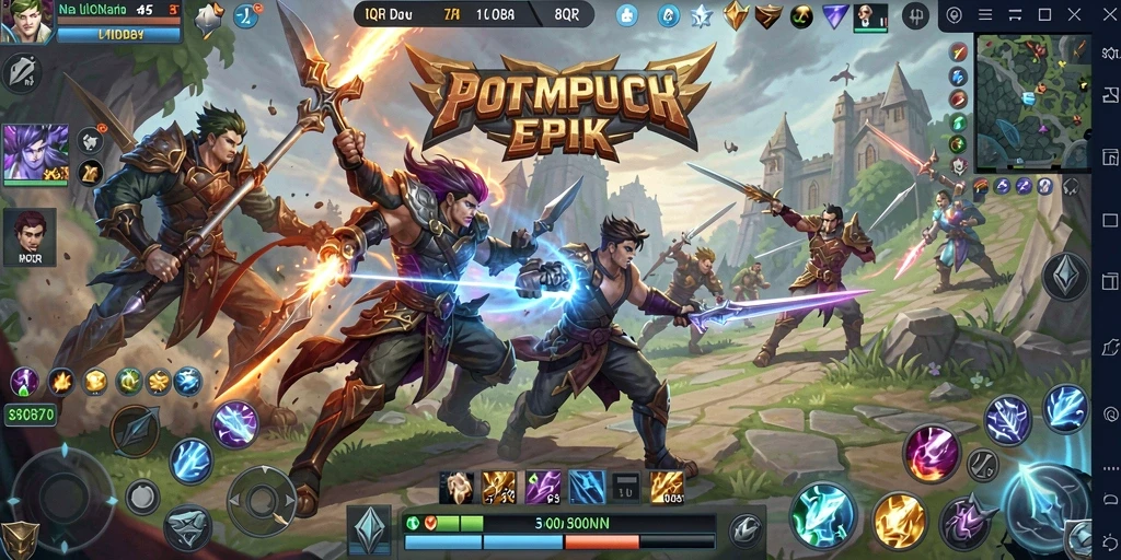 Screenshot gameplay MOBA 8QR dengan aksi pertempuran yang intens.