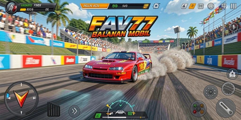 Tampilan gameplay FAV77 dengan mobil beraksi di trek balap.