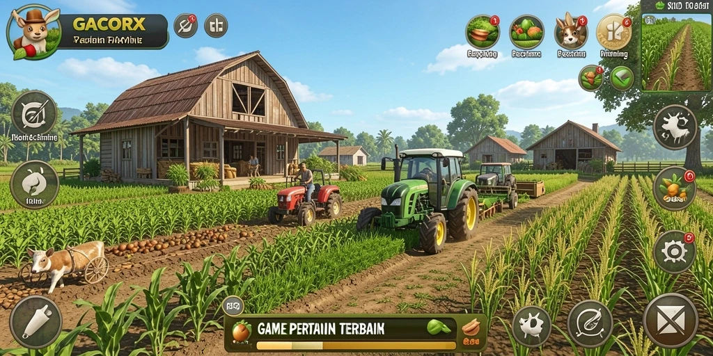Screenshot utama GACORX menampilkan gameplay seru bertani.