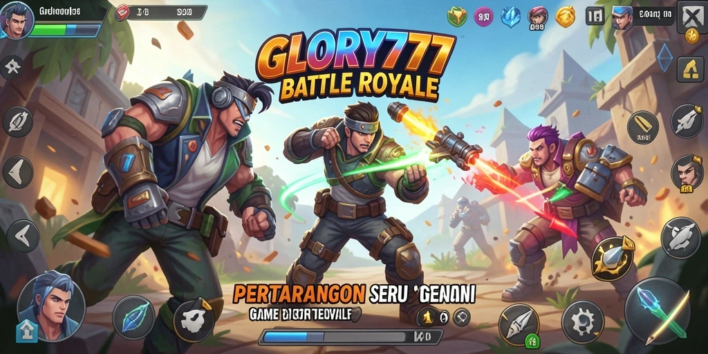 Tampilan aksi seru dalam GLORY777 saat bertarung di arena Battle Royale.