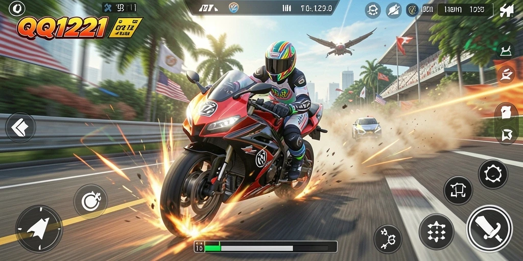 Tampilan gameplay balapan motor yang mendebarkan di QQ1221.