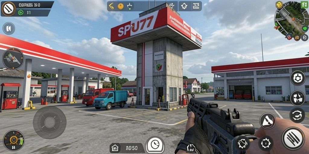 Screenshot SPBU77 menampilkan aksi pertahanan menara yang intens.