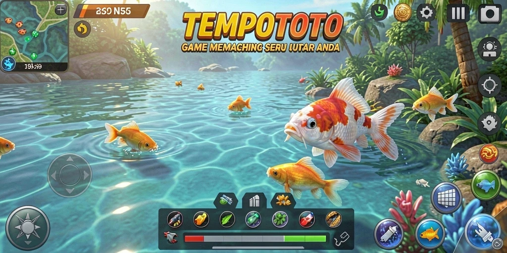 Tampilan gameplay seru dalam TEMPOTOTO saat memancing di danau.