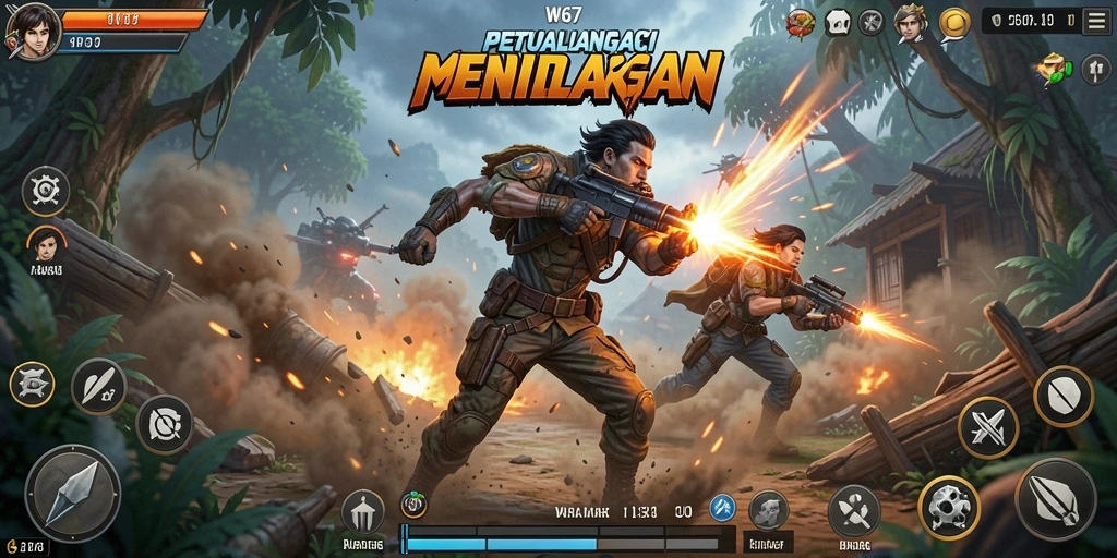 Screenshot dari gameplay W67 menampilkan aksi mendebarkan di peta yang indah.