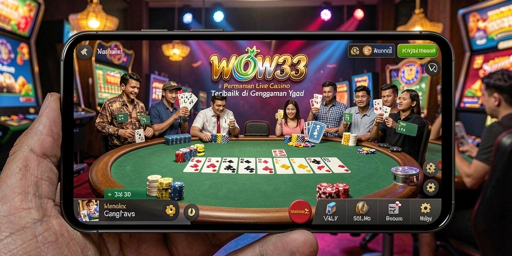 Screenshot WOW33 menampilkan dealer nyata dan player yang sedang bermain.